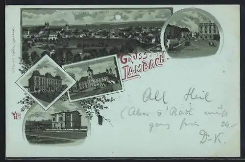 Mondschein-Lithographie Lambach /O.-Oe., Bahnhof, Marktplatz, Sparkasse und Benediktinerstift