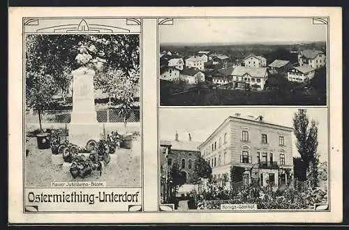 AK Ostermiething-Unterdorf, Kaiser Jubiläums-Büste, Königs-Gasthof, Ortsansicht