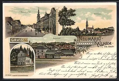 Lithographie Neumarkt-Kalham, Partie am Bahnhof, Kalvarienberg, Blick auf Kalham, Strassenpartie Neumarkt