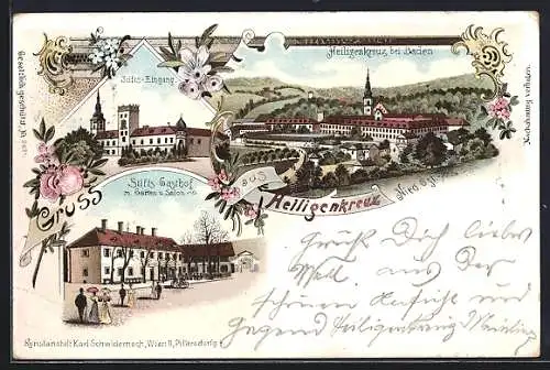 Lithographie Heiligenkreuz, Stifts-Gasthof, Stifts-Eingang, Totalansicht vom Stift