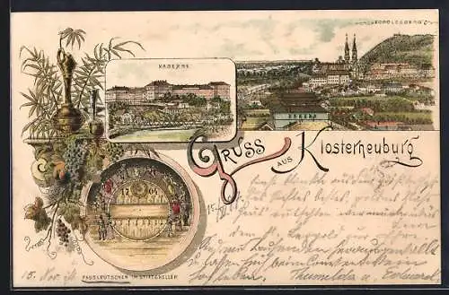 Lithographie Klosterneuburg, Kaserne, Fassrutscher im Stiftskeller, Ortsansicht