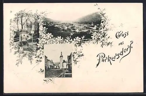 AK Purkersdorf, Strassenpartie mit Blick zur Kirche, Saenger-Brunnen, Totalansicht