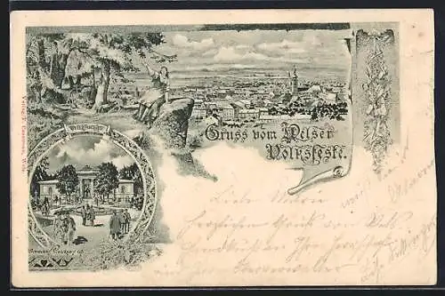 Lithographie Wels, Welser Volksfeste, Totalansicht, Volksfesthalle