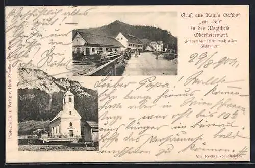 AK Mariazell, Wegscheid, Kain`s Gasthof zur Post, Kirche