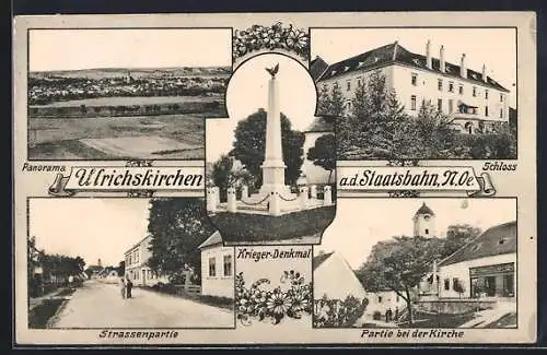 AK Ulrichskirchen a. d. Staatsbahn, Schloss, Krieger-Denkmal, Partie bei der Kirche