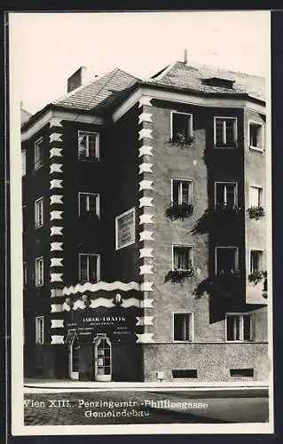 AK Wien, Gemeindebau mit Tabak-Trafik Philipp Steiger, Penzingerstrasse, Ecke Phillipsgasse