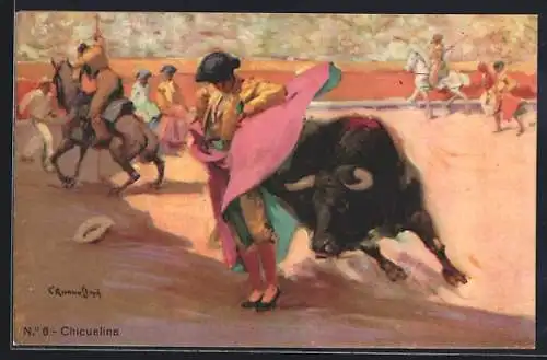 Künstler-AK Chicuelina, Matador und Stier in der Arena, Stierkampf