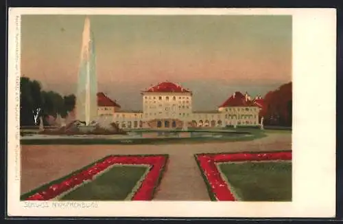 Lithographie München, Schloss Nymphenburg mit Park und Fontäne