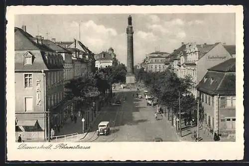 AK Darmstadt, Rheinstrasse mit Denkmal