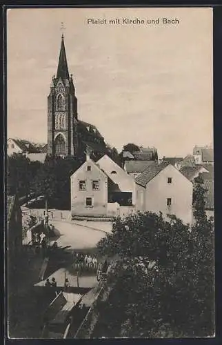 AK Plaidt, Ortspartie mit Kirche und Bach