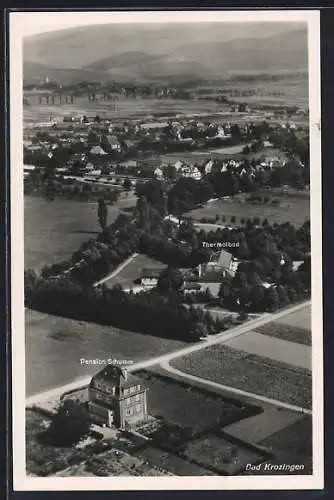 AK Bad Krozingen, Hotel Pension Schumm und Thermalbad, Fliegeraufnahme