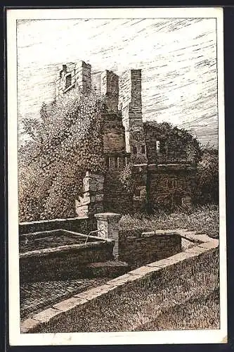 Künstler-AK Gg. Rothgeb: Brunnen und Wasserturm der Burg Hirschhorn