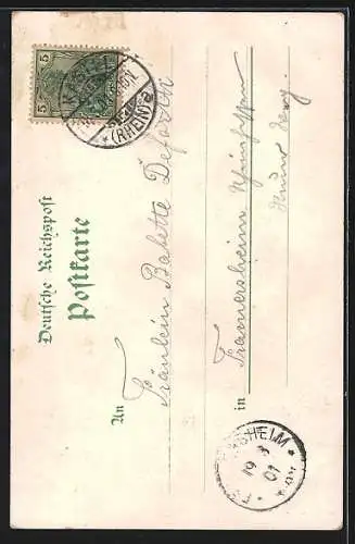 Lithographie Mainz, Teilansicht mit Dampfer