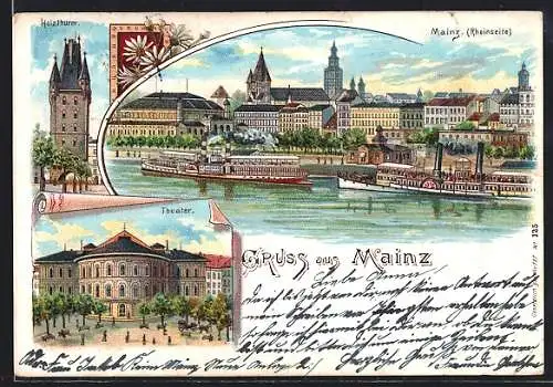 Lithographie Mainz, Ortsansicht von der Rheinseite aus ges., Holzthurm, Theater