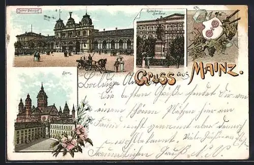 Lithographie Mainz, Dom, Central-Bahnhof, Gutenbergdenkmal, Wappen