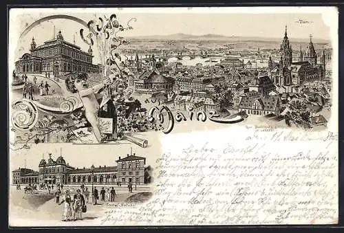 Lithographie Mainz, Teilansicht mit Dom, Stadthalle, Central-Bahnhof