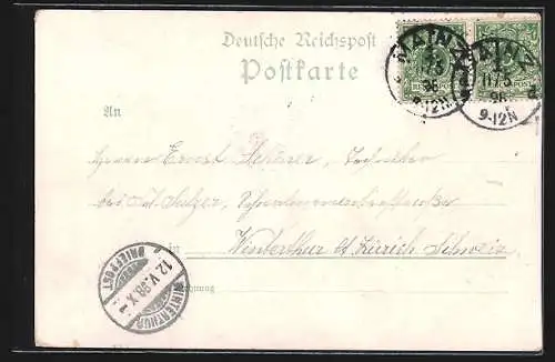 Lithographie Mainz, Teilansicht mit Dom, Stadthalle, Central-Bahnhof