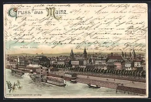 Lithographie Mainz, Teilansicht mit Dampfer