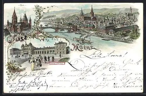 Lithographie Mainz, Gesamtansicht, Dampfer, Central-Bahnhof, Dom