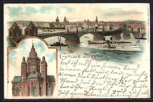 Lithographie Mainz, Ortsansicht am Rhein und Dom