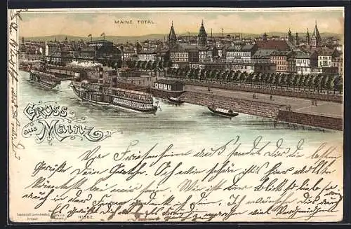Lithographie Mainz, Totalansicht mit Dampfer