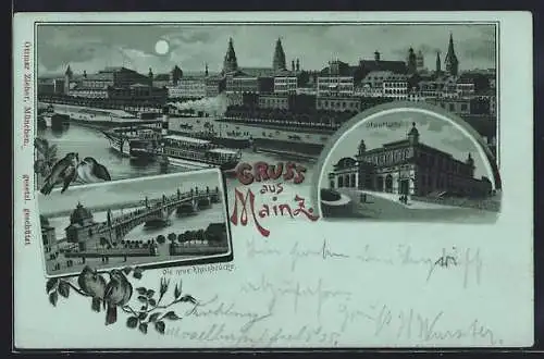 Mondschein-Lithographie Mainz, Teilansicht, Stadthalle, Neue Rheinbrücke