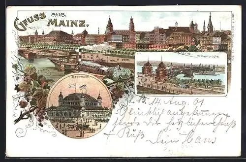 Lithographie Mainz, Teilansicht, Stadt-Halle, Rheinbrücke