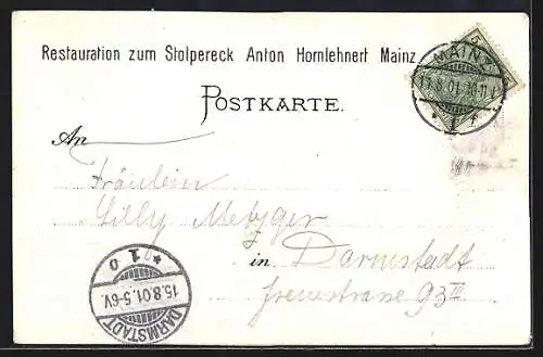 Lithographie Mainz, Teilansicht, Stadt-Halle, Rheinbrücke