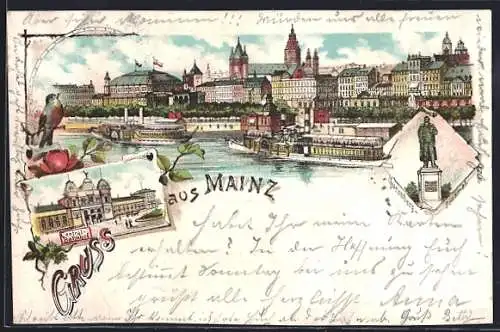 Lithographie Mainz, Central-Bahnhof, Gutenberg-Denkmal, Totalansicht mit Flusspartie