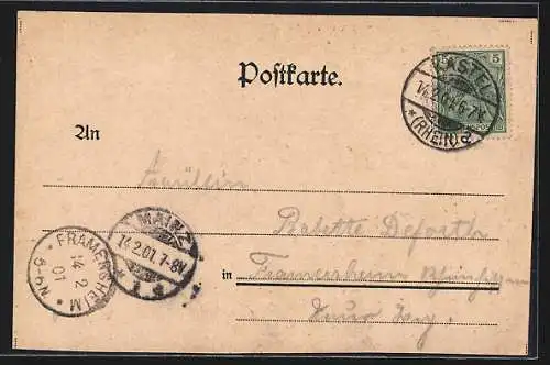 Lithographie Mainz, Central-Bahnhof, Gutenberg-Denkmal, Totalansicht mit Flusspartie