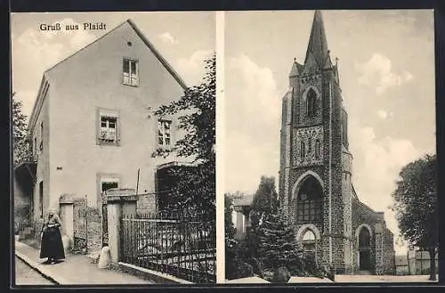 AK Plaidt, Ortspartie mit Kirche und Frau am Gartentor