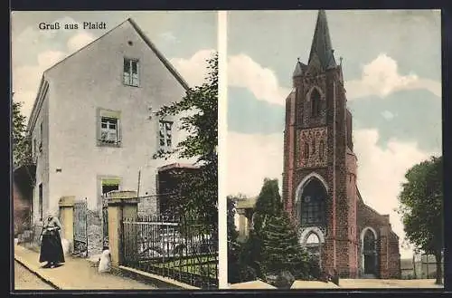 AK Plaidt, Ortspartie mit Kirche und Frau am Gartentor