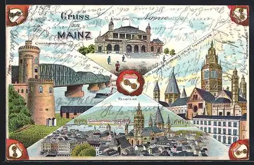 Lithographie Mainz, Panorama, Eisenbahnbrücke & Dom