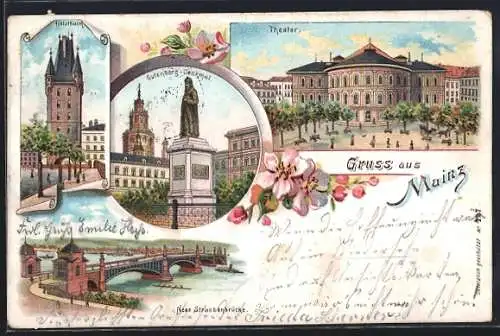Lithographie Mainz, das Theater, der Holzturm, das Gutenberg-Denkmal, neue Strassenbrücke