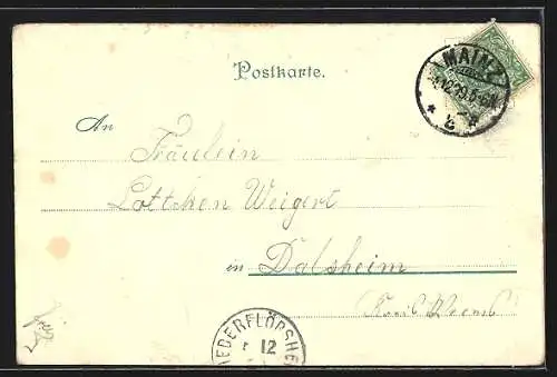 Lithographie Mainz, das Theater, der Holzturm, das Gutenberg-Denkmal, neue Strassenbrücke