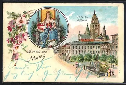 Lithographie Mainz, Gutenbergplatz mit Denkmal, Herrscherin mit Schild