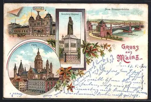 Lithographie Mainz, Bahnhof, Dom, Gutenberg-Denkmal, Neue Strassenbrücke