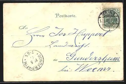 Lithographie Mainz, Bahnhof, Dom, Gutenberg-Denkmal, Neue Strassenbrücke