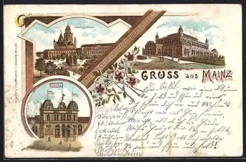 Lithographie Mainz, Stadthalle, Dom und Guttenberg-Denkmal, Bahnhof