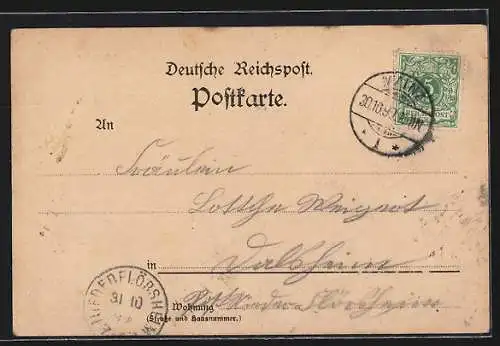 Lithographie Mainz, Stadthalle, Dom und Guttenberg-Denkmal, Bahnhof