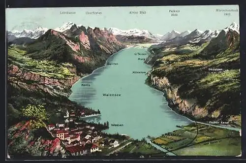 AK Weesen, Kartenansicht mit Alpengipfeln aus der Vogelschau