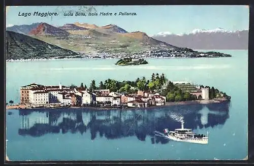 AK Pallanza, Lago Maggiore, Isola Bella, Isola Madre, Blick über die Inseln, Dampfer