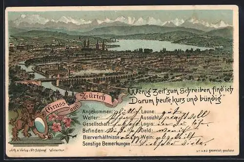 Lithographie Zürich, Teilansicht mit Brücken