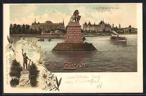 Lithographie Zürich, Alpenquai, Turnerstatue
