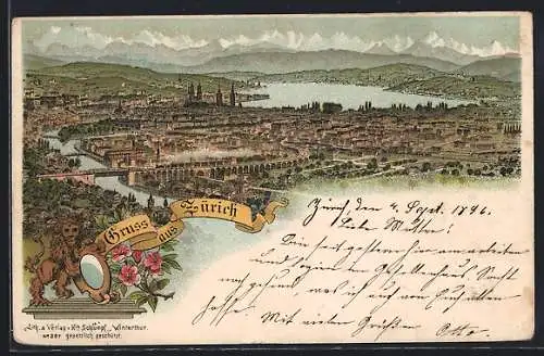 Lithographie Zürich, Blick auf die Stadt, Karte für Schreibfaule
