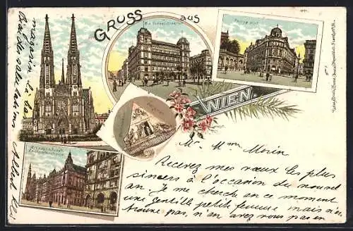 Lithographie Wien, Votivkirche, K. k. Polizei-Direktion, Philipp-Hof