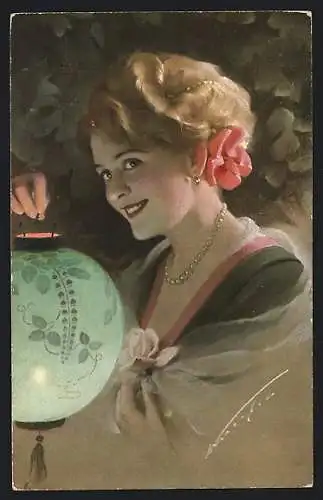 Künstler-AK Ludwig Knoefel: Lächelnde junge Frau mit einer Laterne