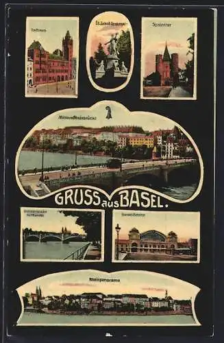AK Basel, Bundesbahnhof, Rathaus, Rheinpanorama