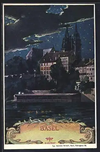 Künstler-AK Basel, Nächtlicher Blick vom Rhein zur Münsterkirche
