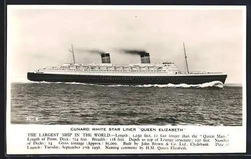 AK Passagierschiff Queen Elizabeth, Cunard White Star Liner, in voller Fahrt